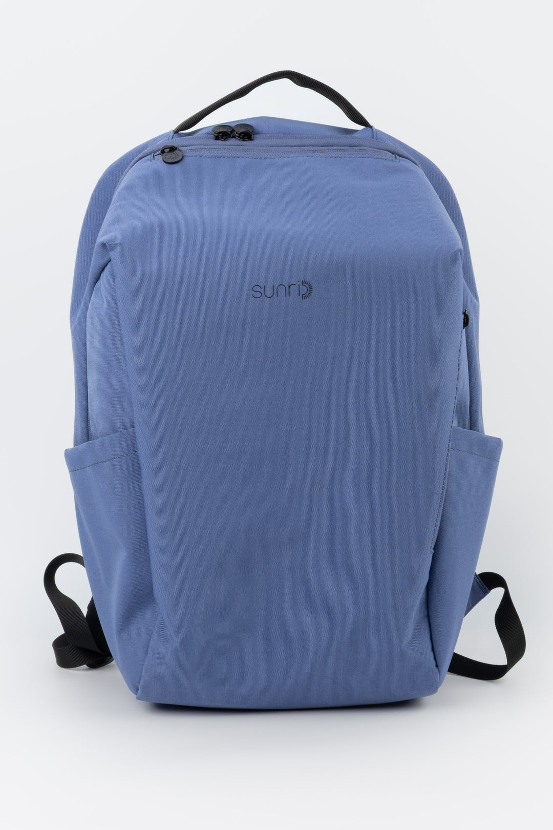 blue laptop backpack front view with subtle sunri logo