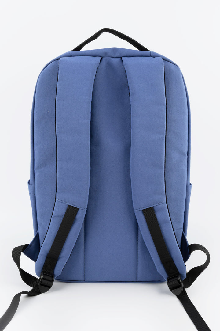 blue laptop backpack back view with padded shoulder straps