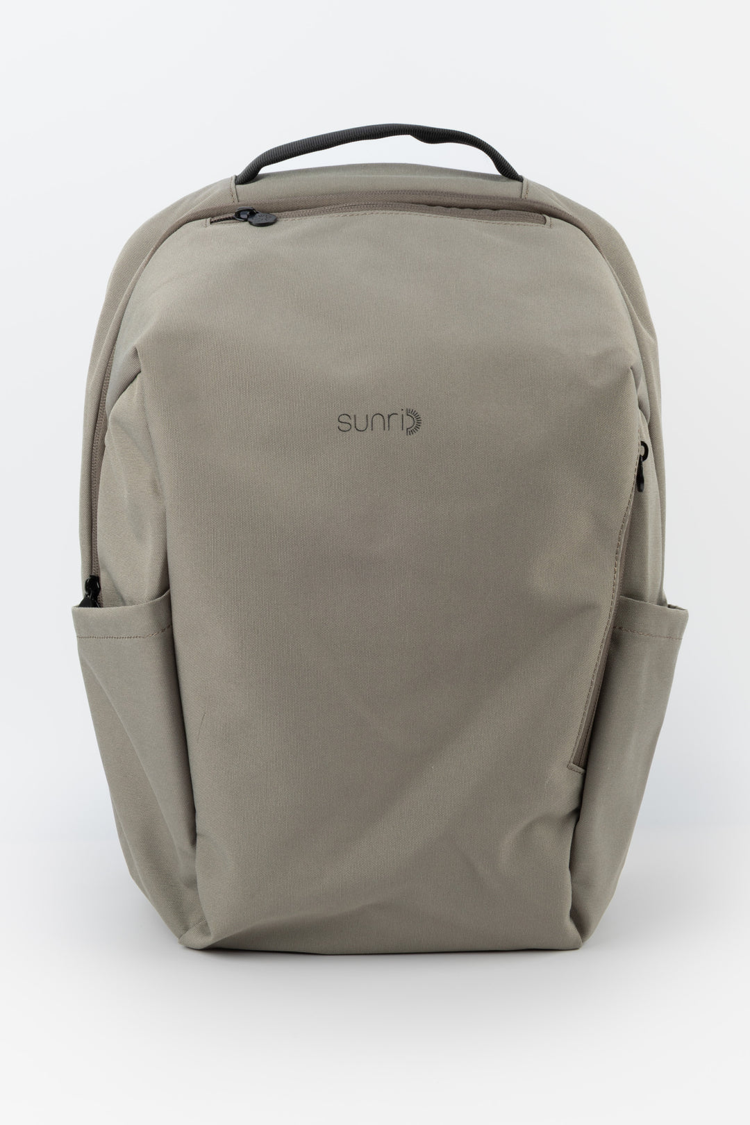grey laptop backpack front view with subtle sunri logo
