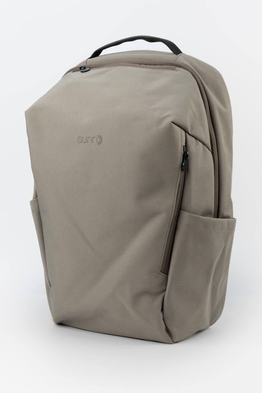 grey  laptop backpack three quarter front view with side pockets and sunri zipper pulls
