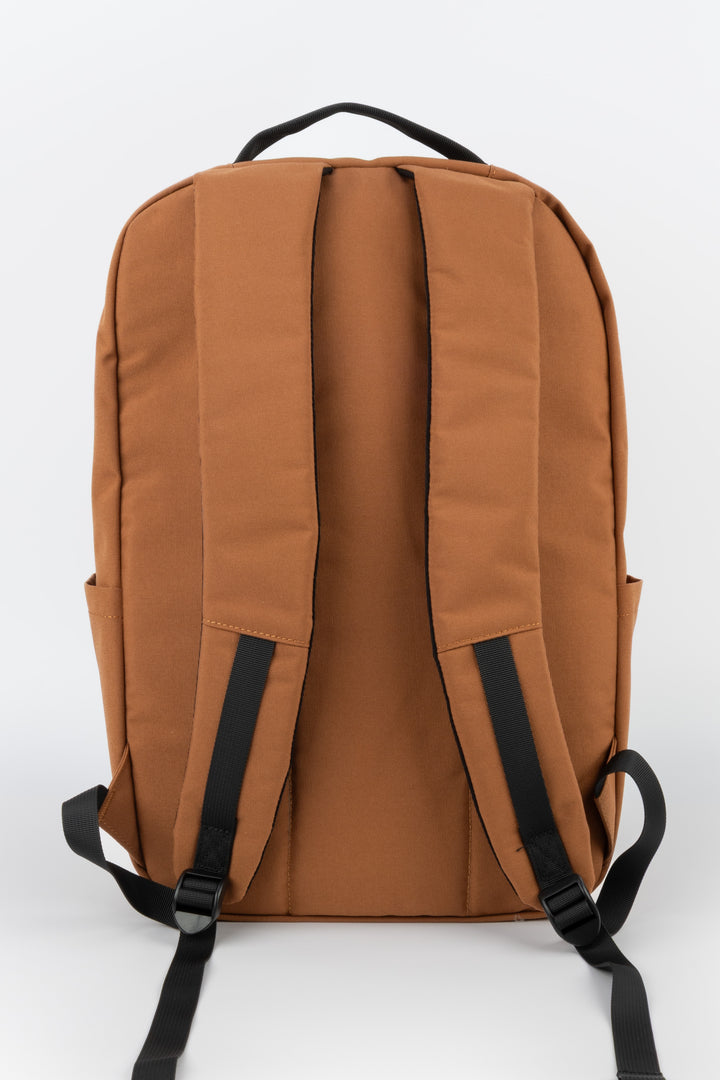 orange laptop backpack back view with padded shoulder straps

