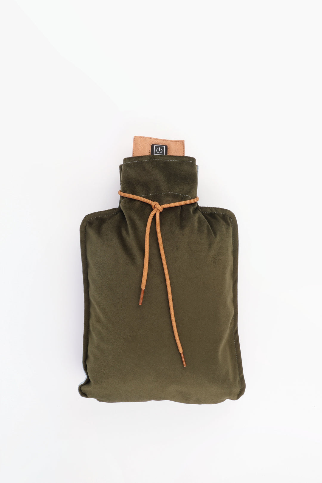 Green hot water bottle with strap on a white background