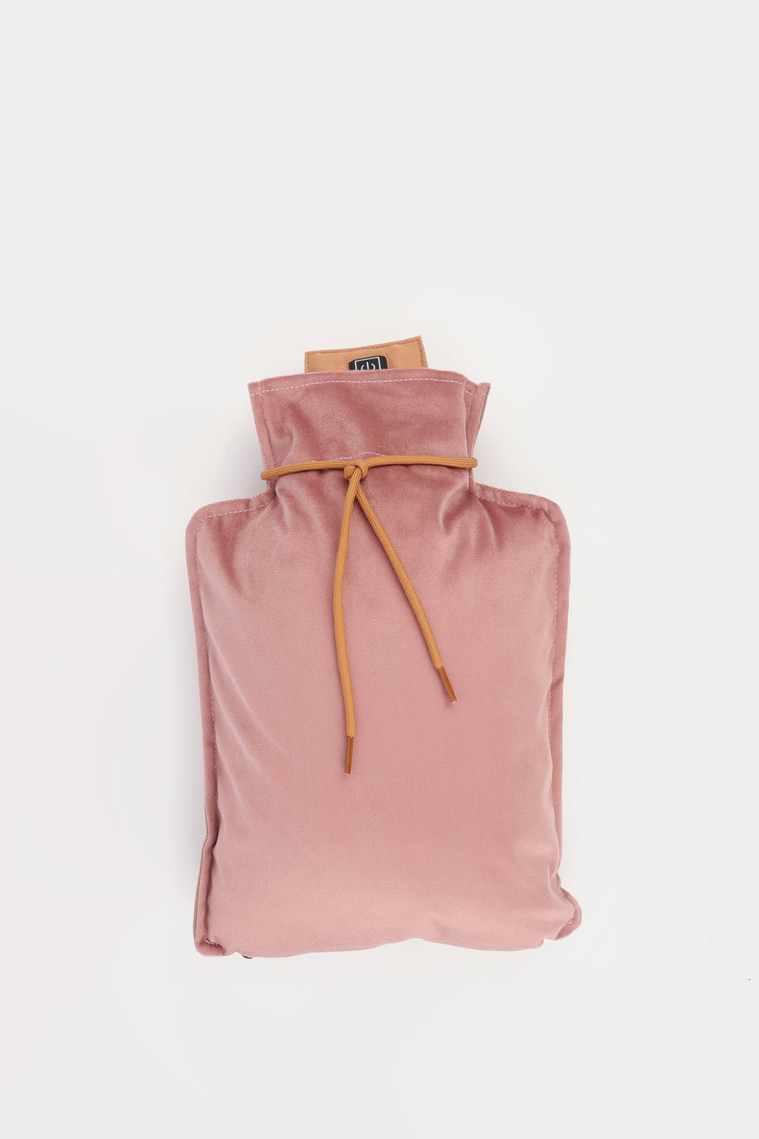 Pink hot water bottle with a yellow drawstring on a white background