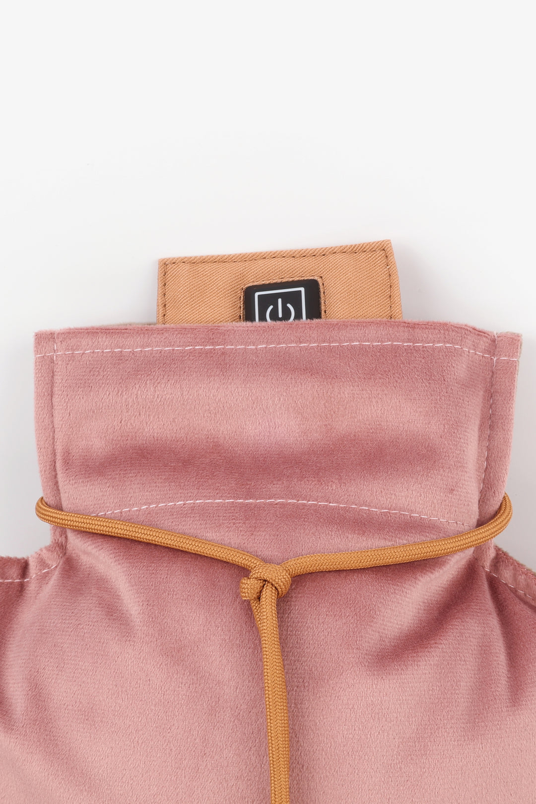 Close-up of a pink fabric with a brown drawstring and a visible power logo on a light gray background.