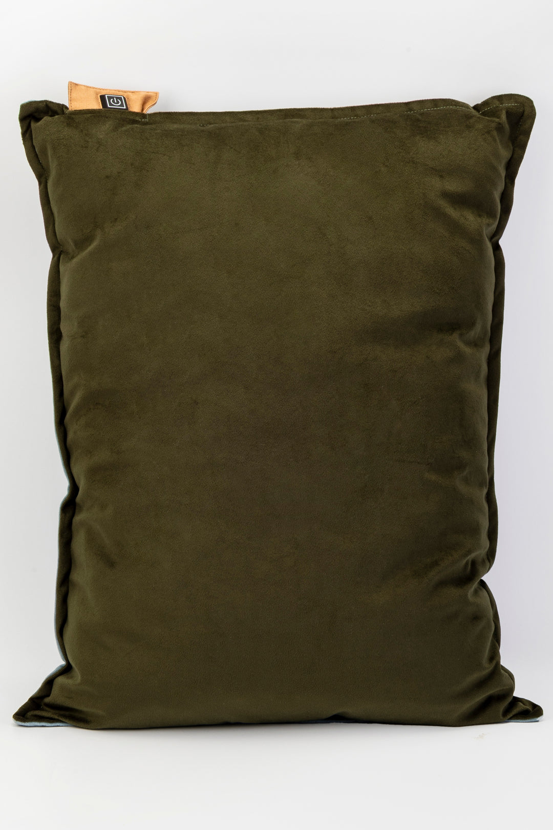 Olive green pillow with a brand tag on a white background