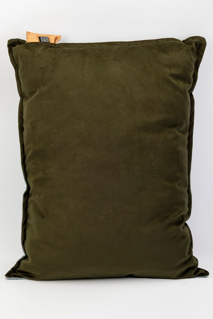 Olive green pillow with a brand tag on a white background