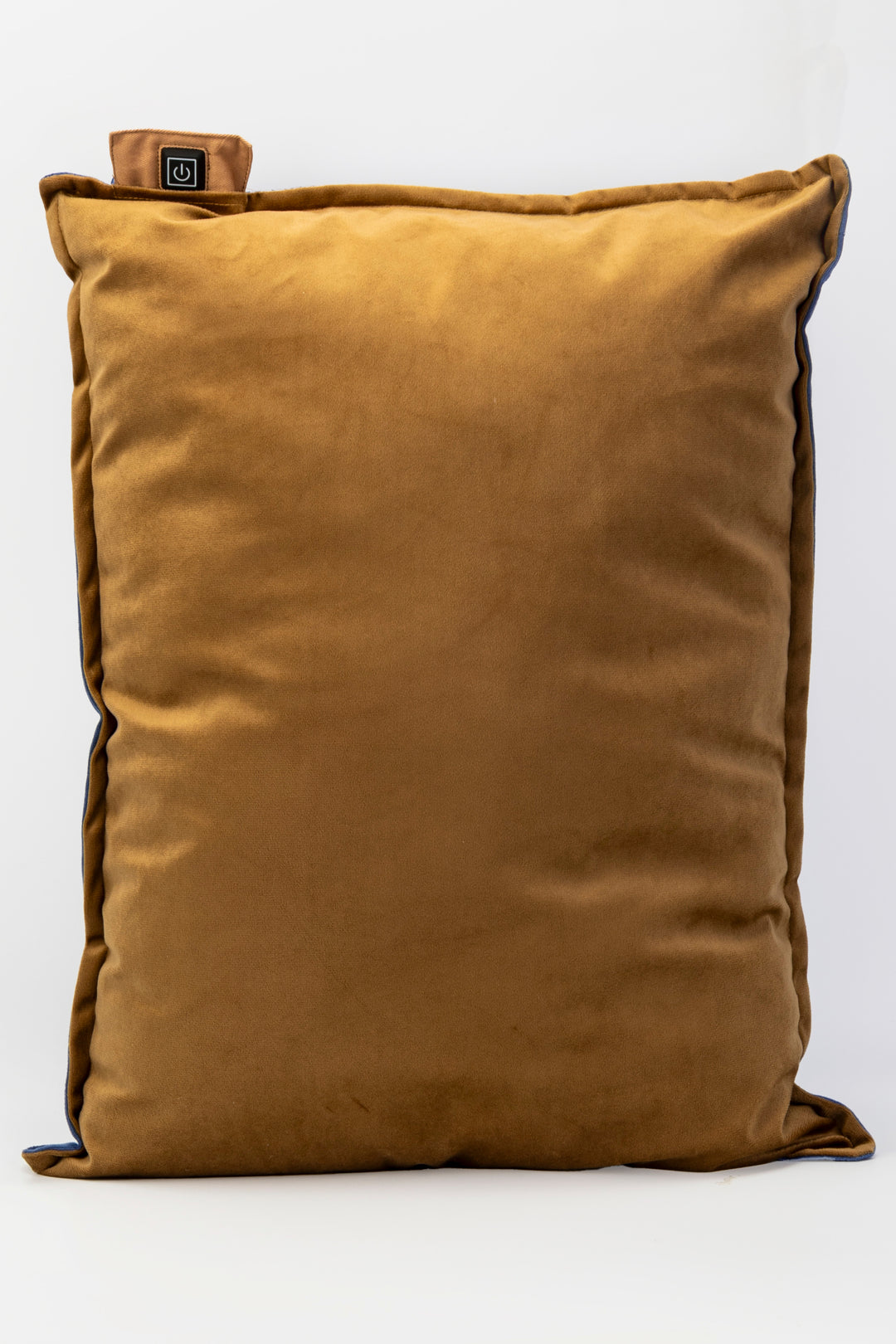 Brown pillow with a visible brand label on a white background