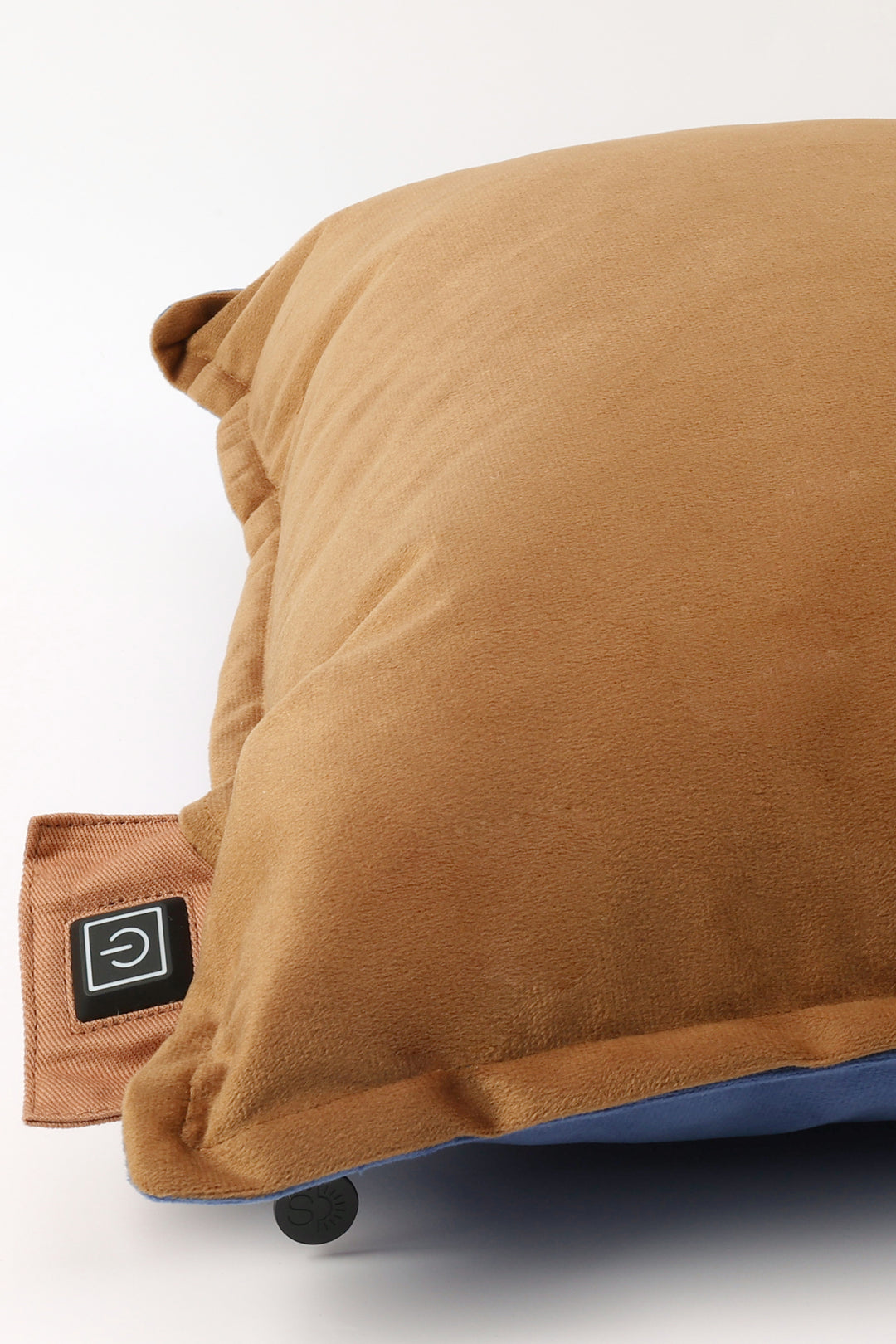 Brown pillow with a brand logo on a white background