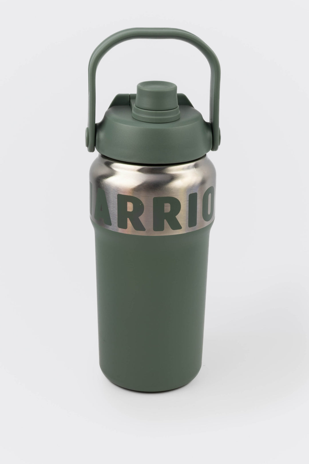 green 1000ml insulated stainless steel bottle with flip straw spout and carry handle
