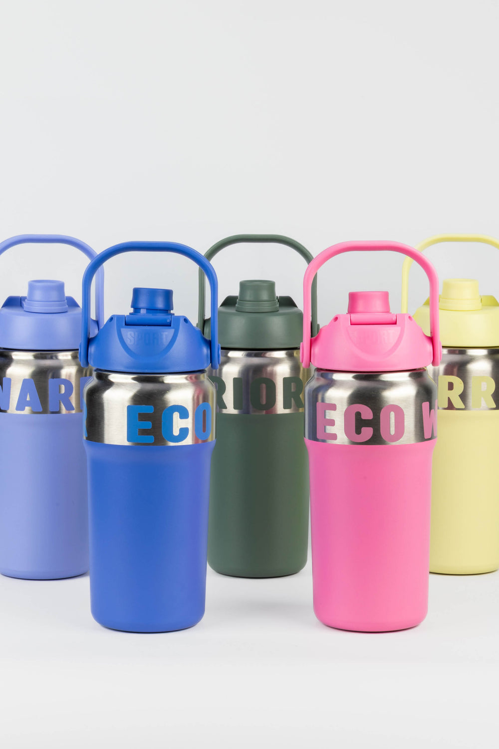 five insulated eco bottles standing together showing colour options
