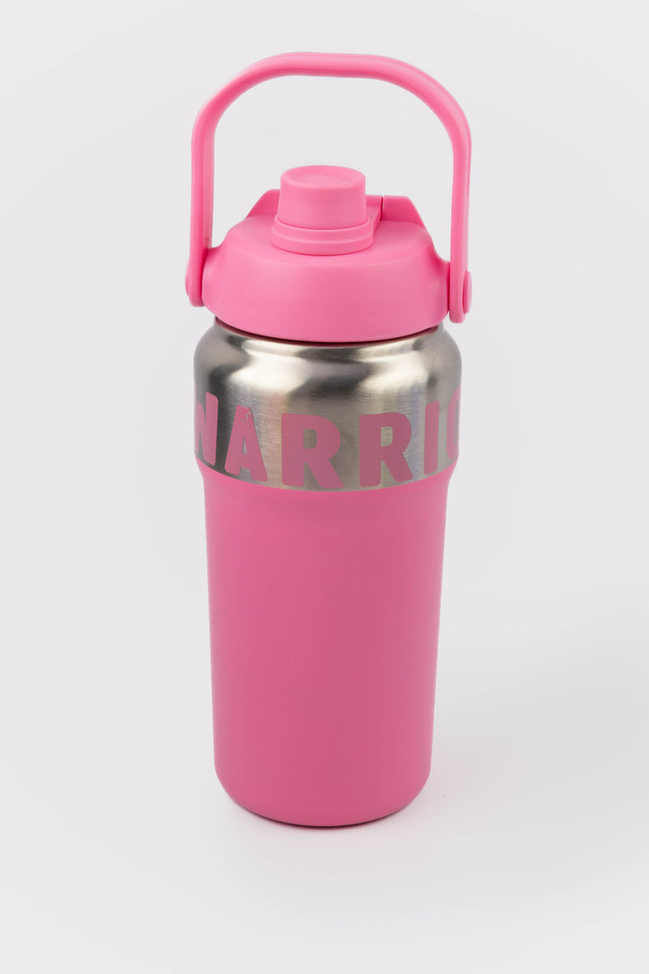 pink 1000ml insulated stainless steel bottle with flip straw spout and carry handle
