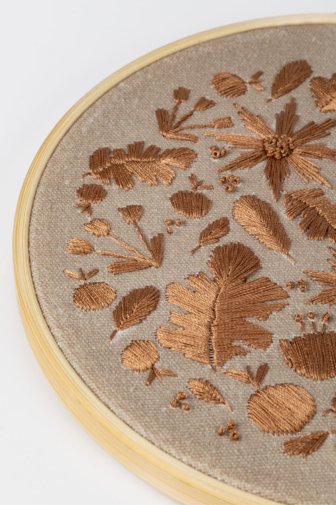 Detail of embroidery hoop with floral pattern on a beige fabric against a white background