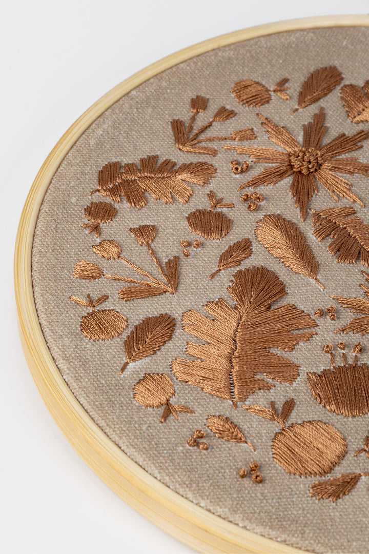 Detail of embroidery hoop with floral pattern on a beige fabric against a white background