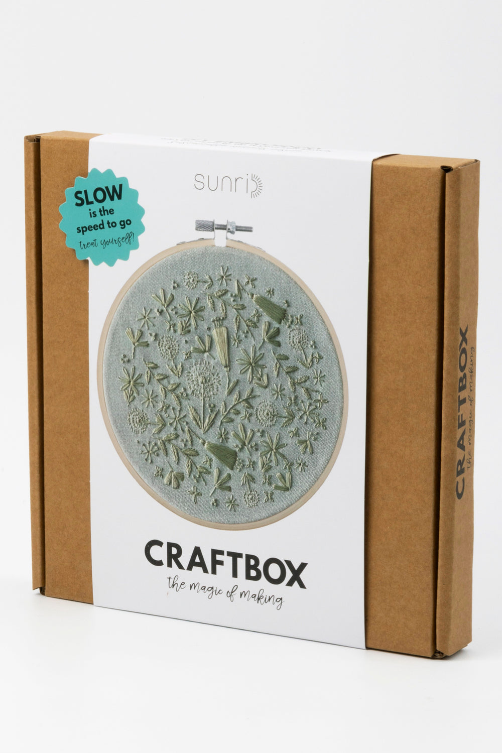 Sunri Craftbox packaging with green embroidery hoop design on a white background