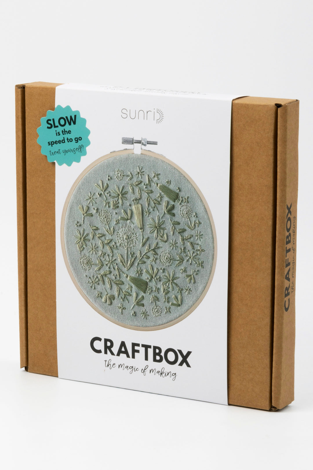Sunri Craftbox packaging with green embroidery hoop design on a white background