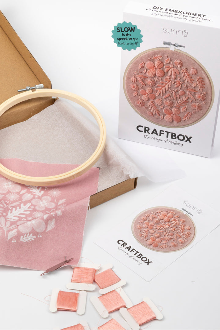 Embroidery kit with hoop, fabric, and patterned cardboard on a white background