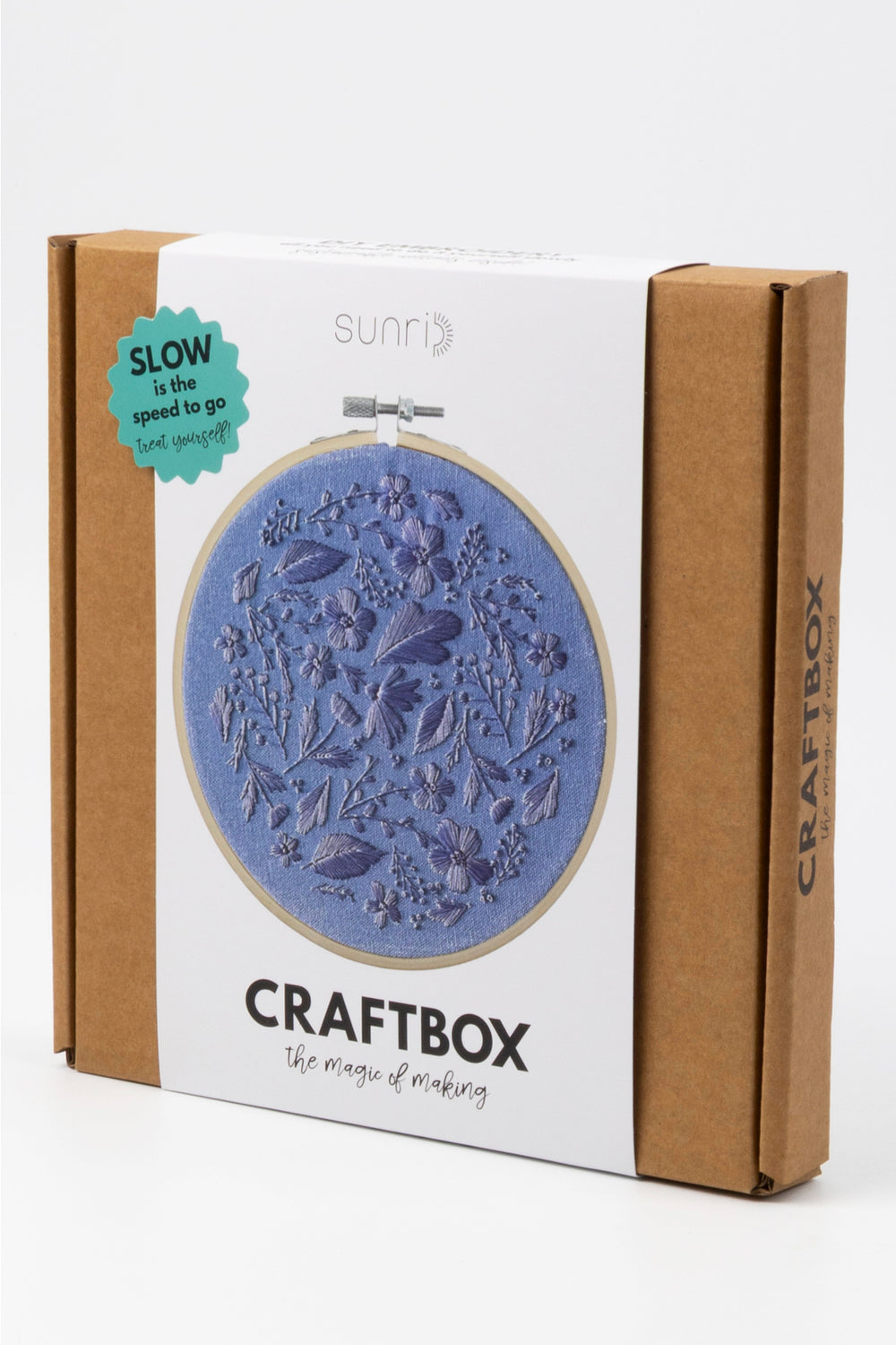 Sunri Craftbox packaging with purple embroidery hoop design on a white background
