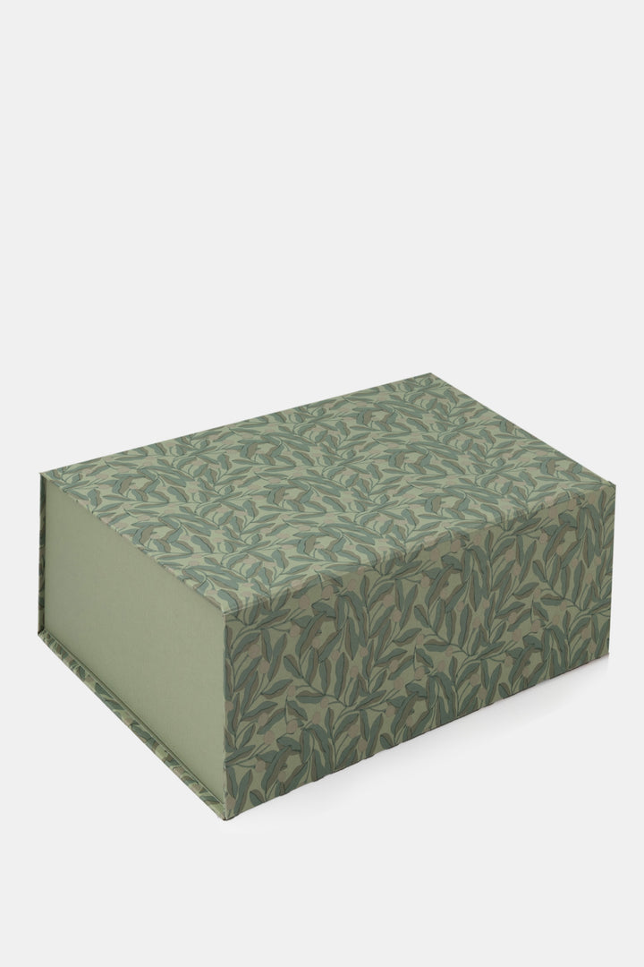 A5 foldable modular desk organiser box in green with berry leaf pattern closed rectangular shape
