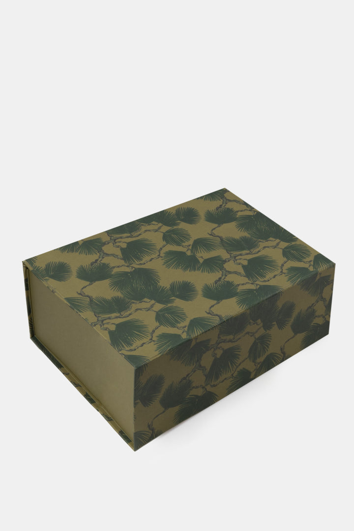 A5 foldable modular desk organiser closed pine leaf print with green interior
