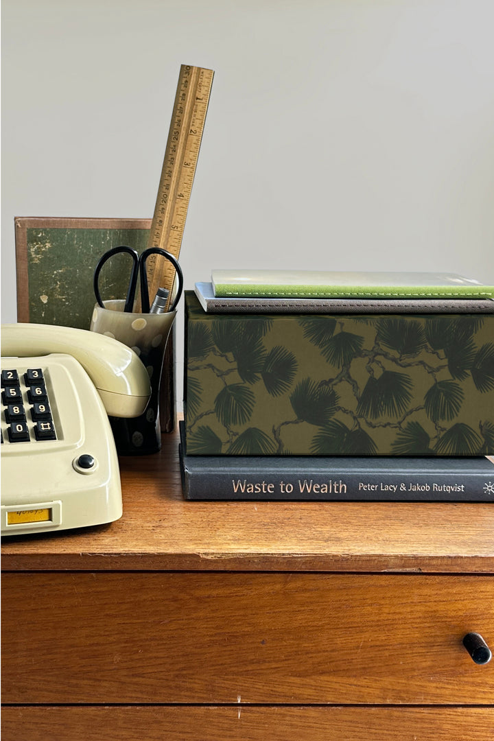 A5 foldable modular desk organiser pine leaf print styled with stationery