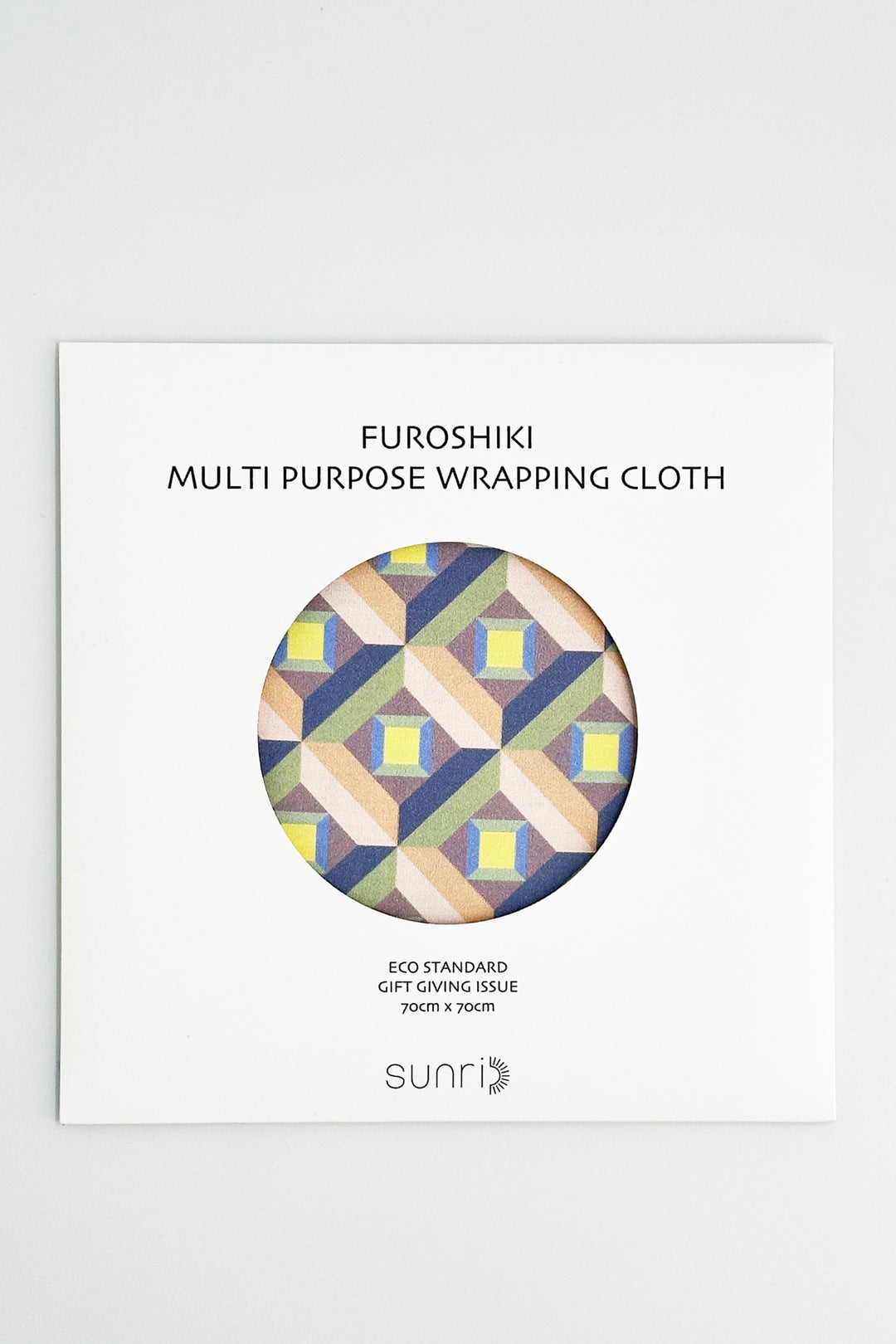Furoshiki multi-purpose wrapping cloth with optic geometric pattern folded in packaging