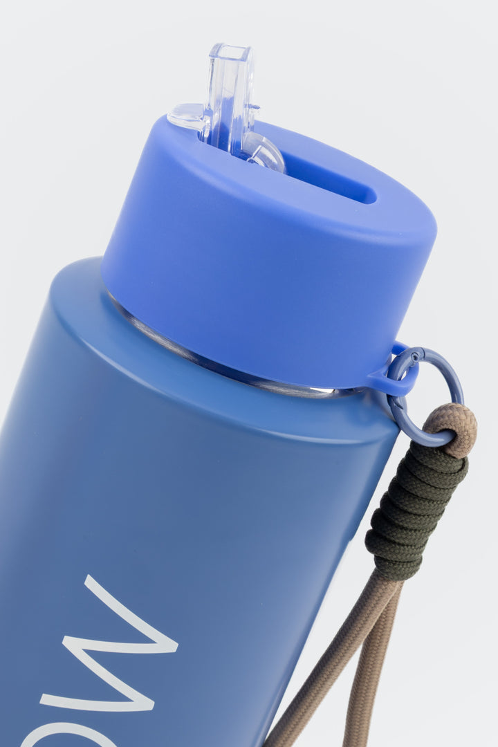 close up of flip mouthpiece on blue insulated flow bottle
