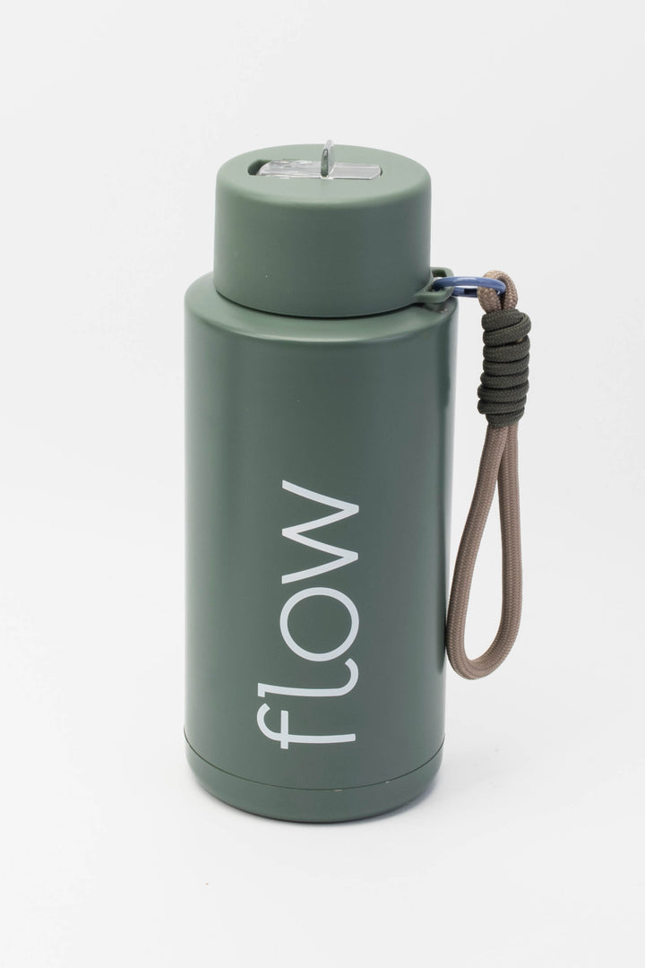 green 1l insulated stainless steel bottle flow design with paracord carry loop