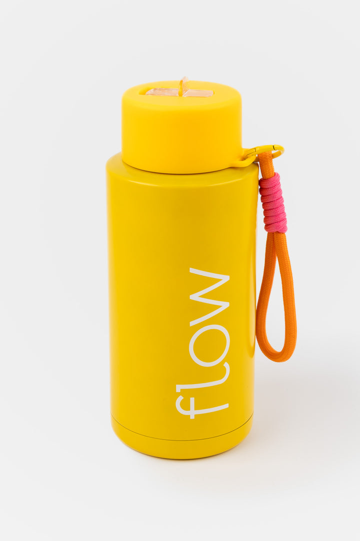deep yellow 1l insulated stainless steel bottle flow design with paracord carry loop
