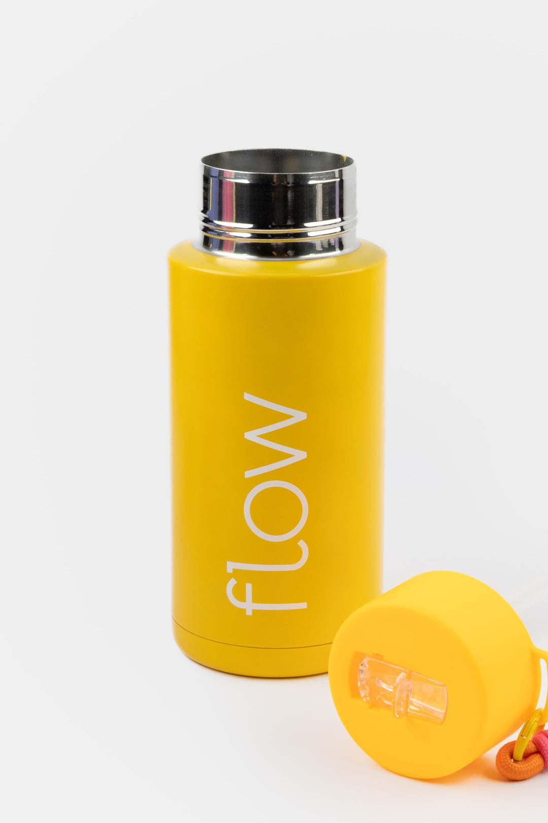 deep yellow insulated flow bottle with lid removed showing wide opening