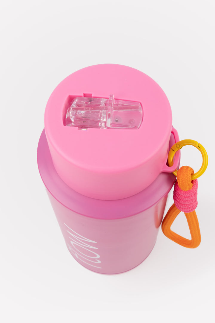 top view of flip mouthpiece on pink insulated flow bottle

