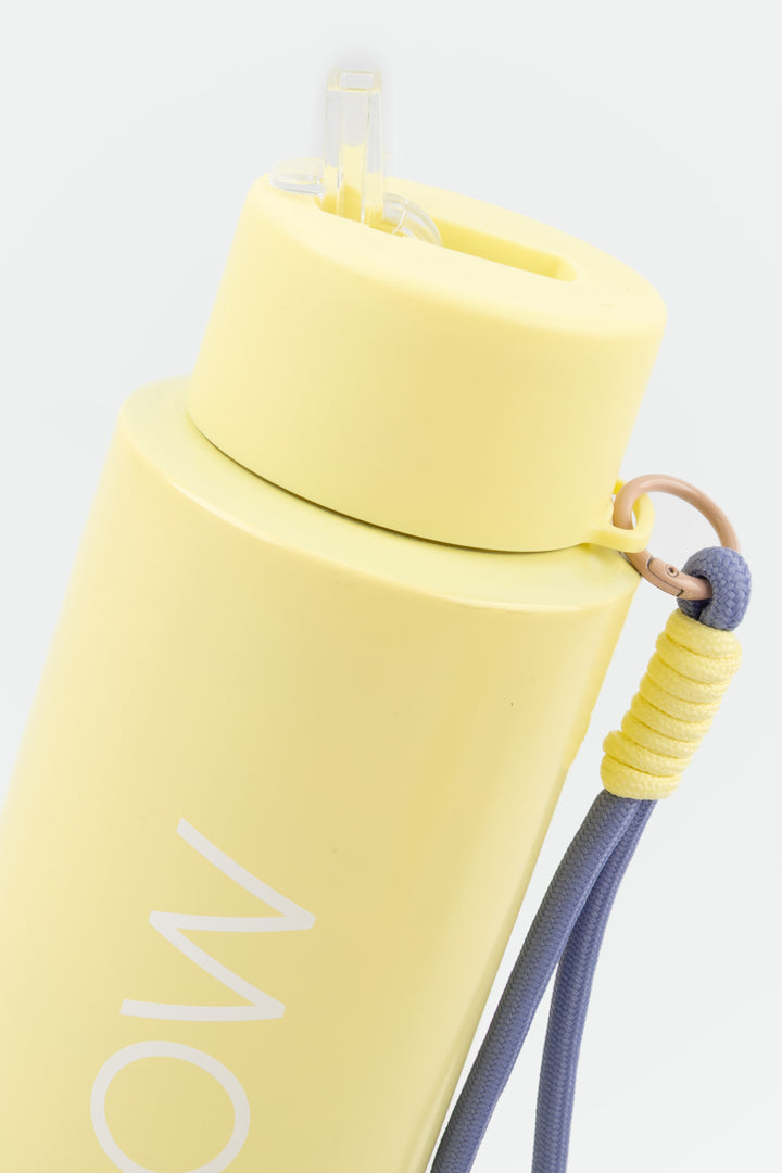 close up of flip mouthpiece on yellow insulated flow bottle
