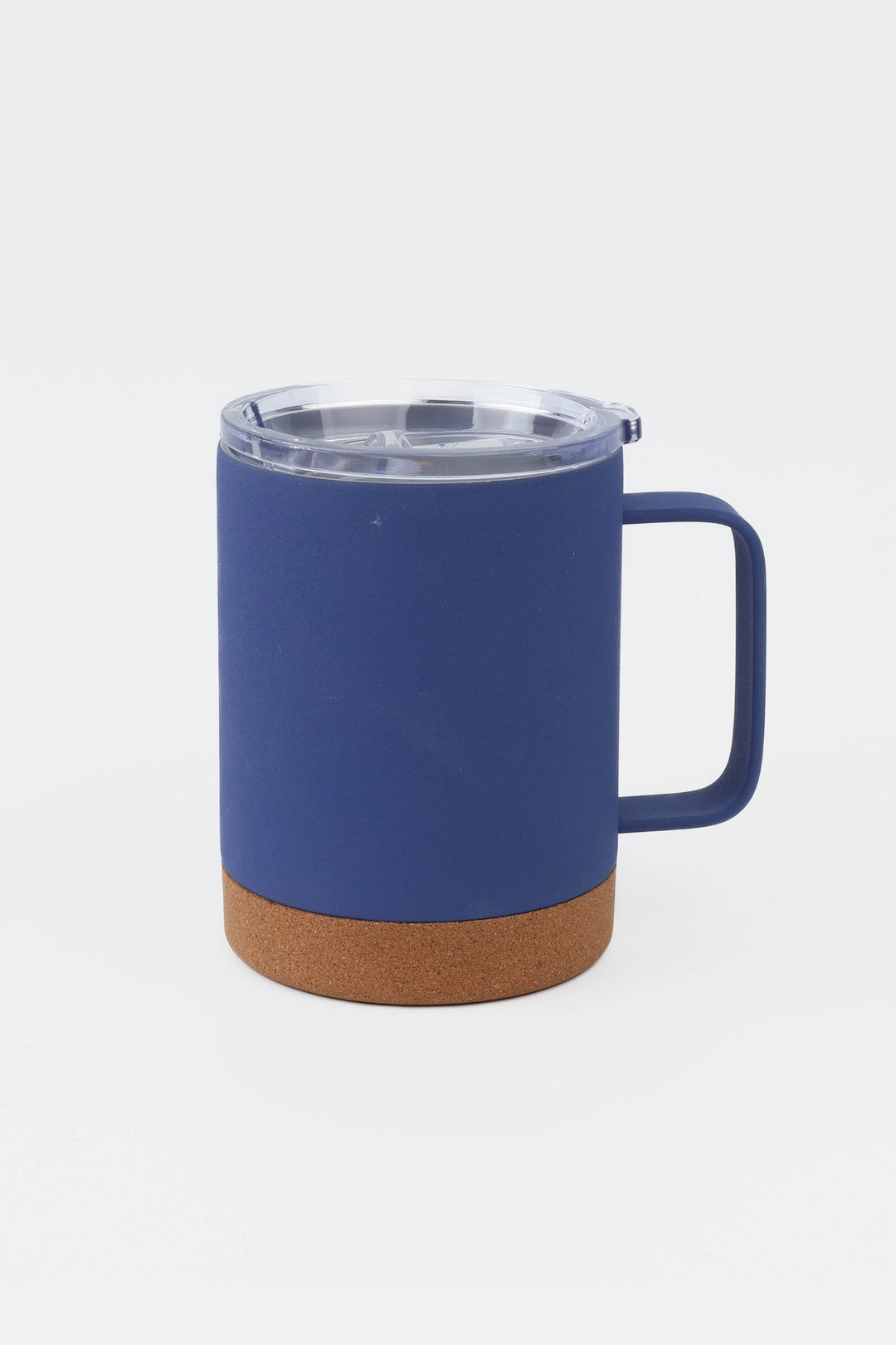 Blue Insulated to-go mug with handle, clear AS lid and cork base 