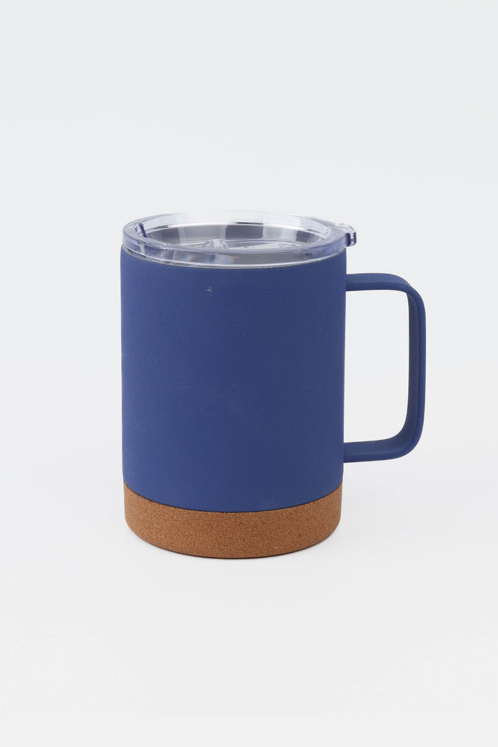 Blue Insulated to-go mug with handle, clear AS lid and cork base 