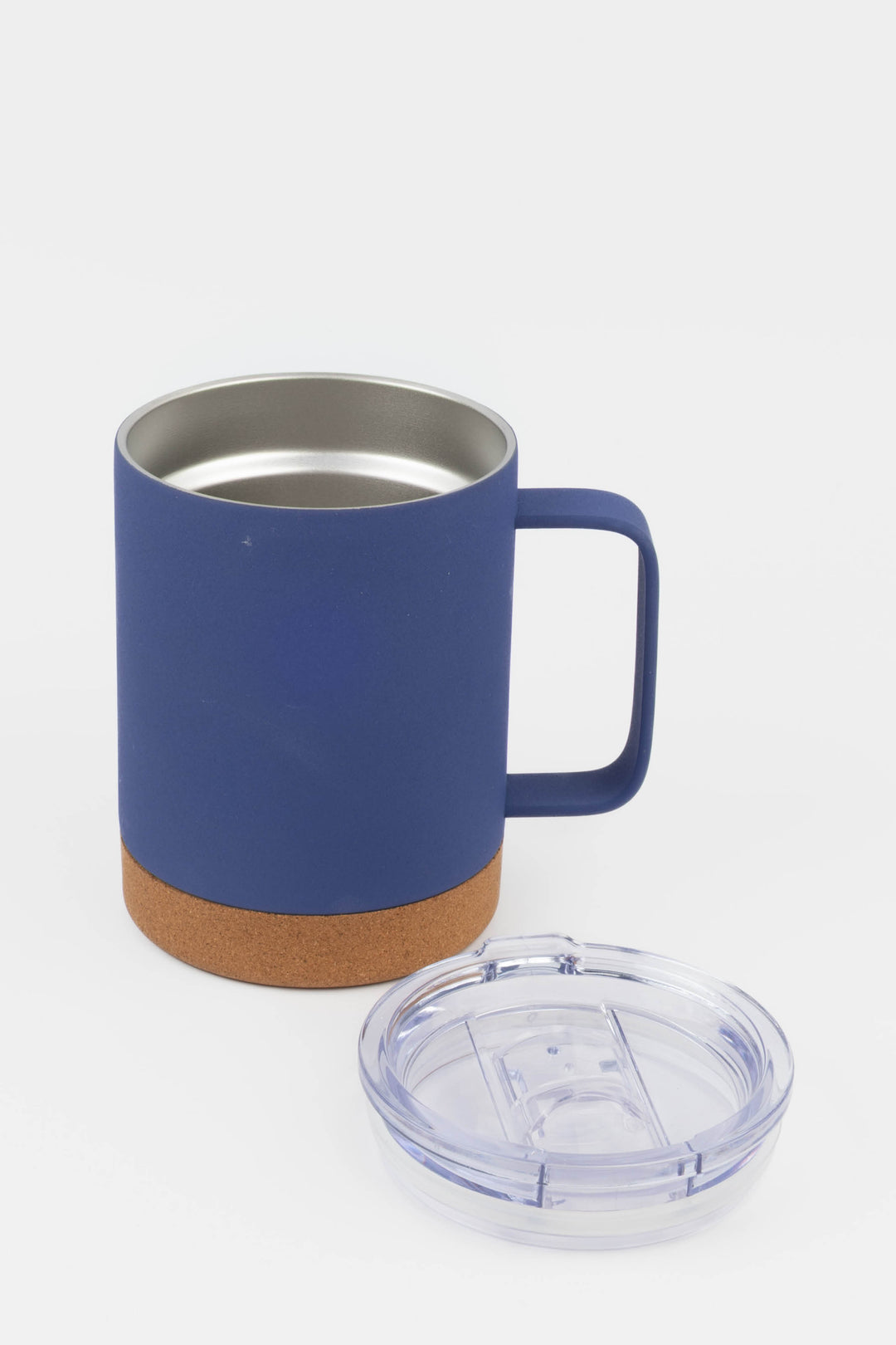 blue insulated mug with cork base shown without lid and lid placed next to it