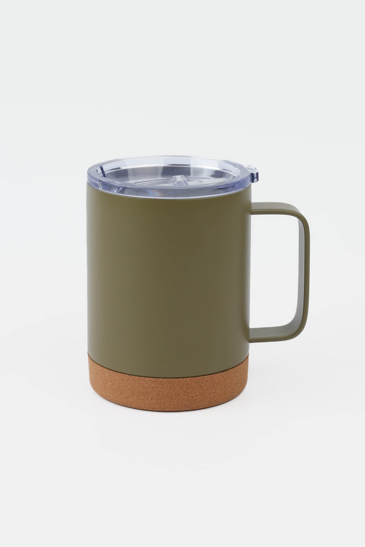 green insulated mug with handle and clear lid and cork base
