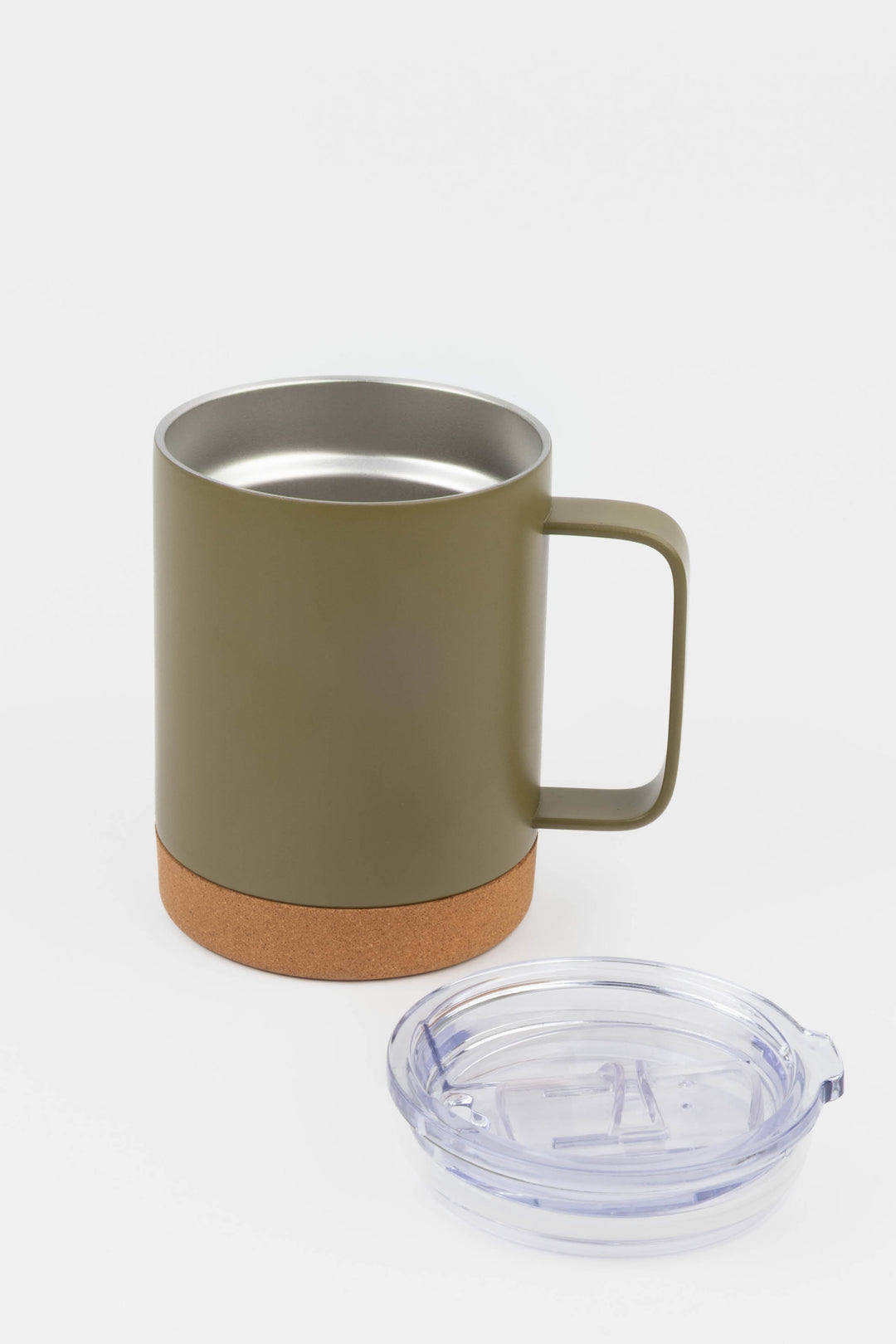 green insulated mug with cork base shown without lid and lid placed next to it
