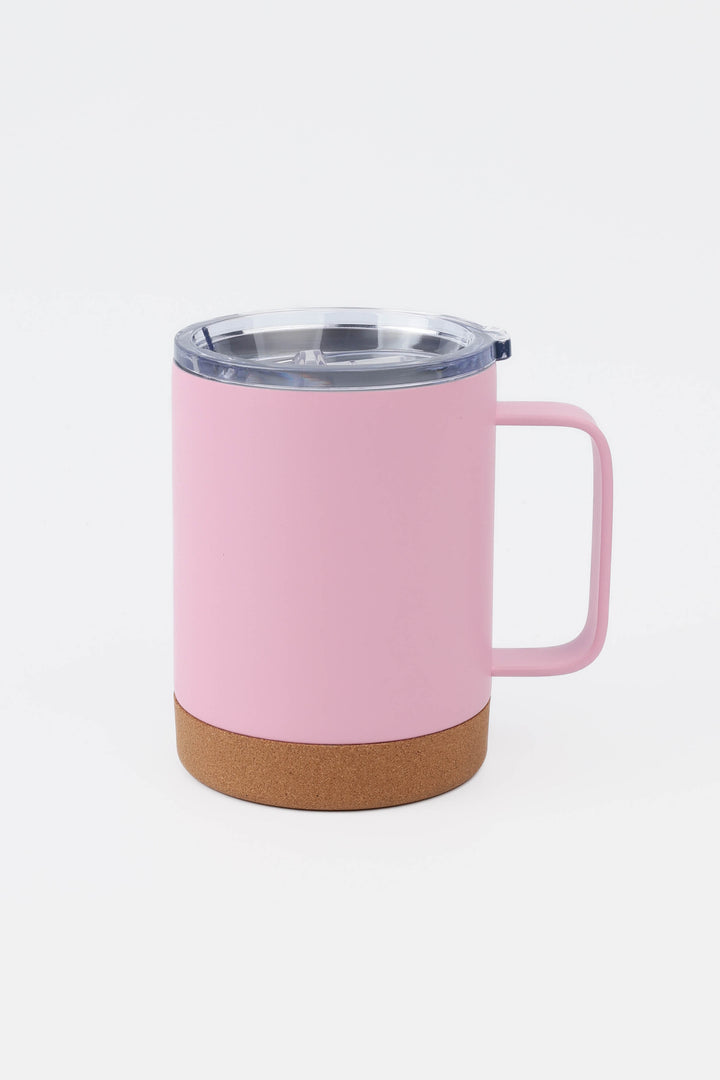 pink insulated mug with handle and clear lid and cork base
