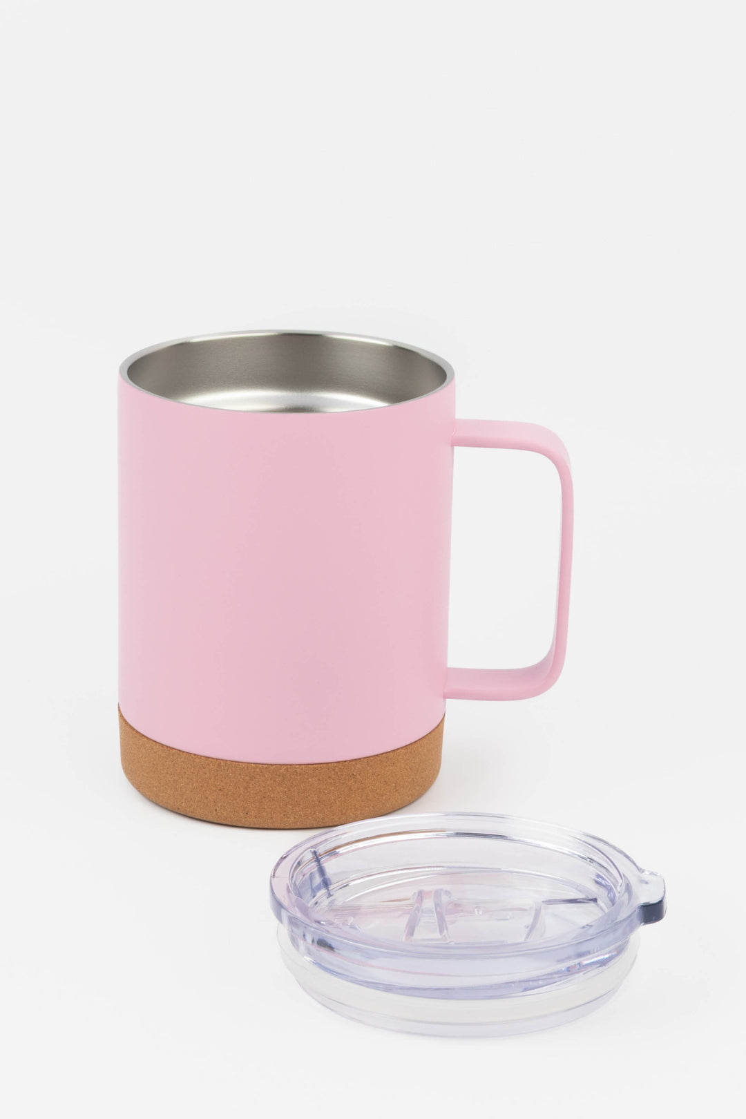 pink insulated mug with cork base shown without lid and lid placed next to it