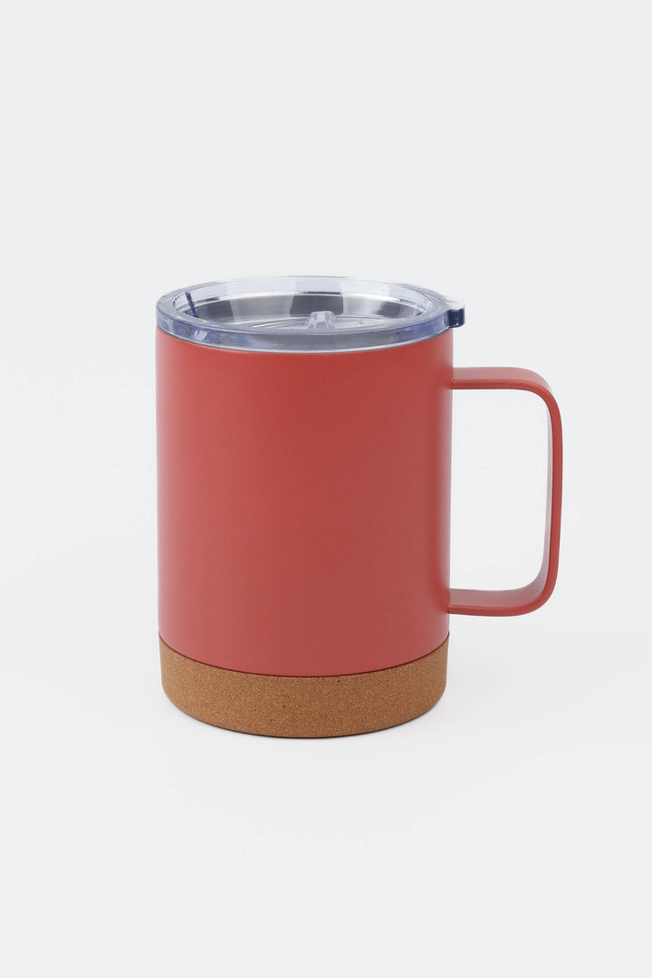 red insulated mug with handle and clear lid and cork base
