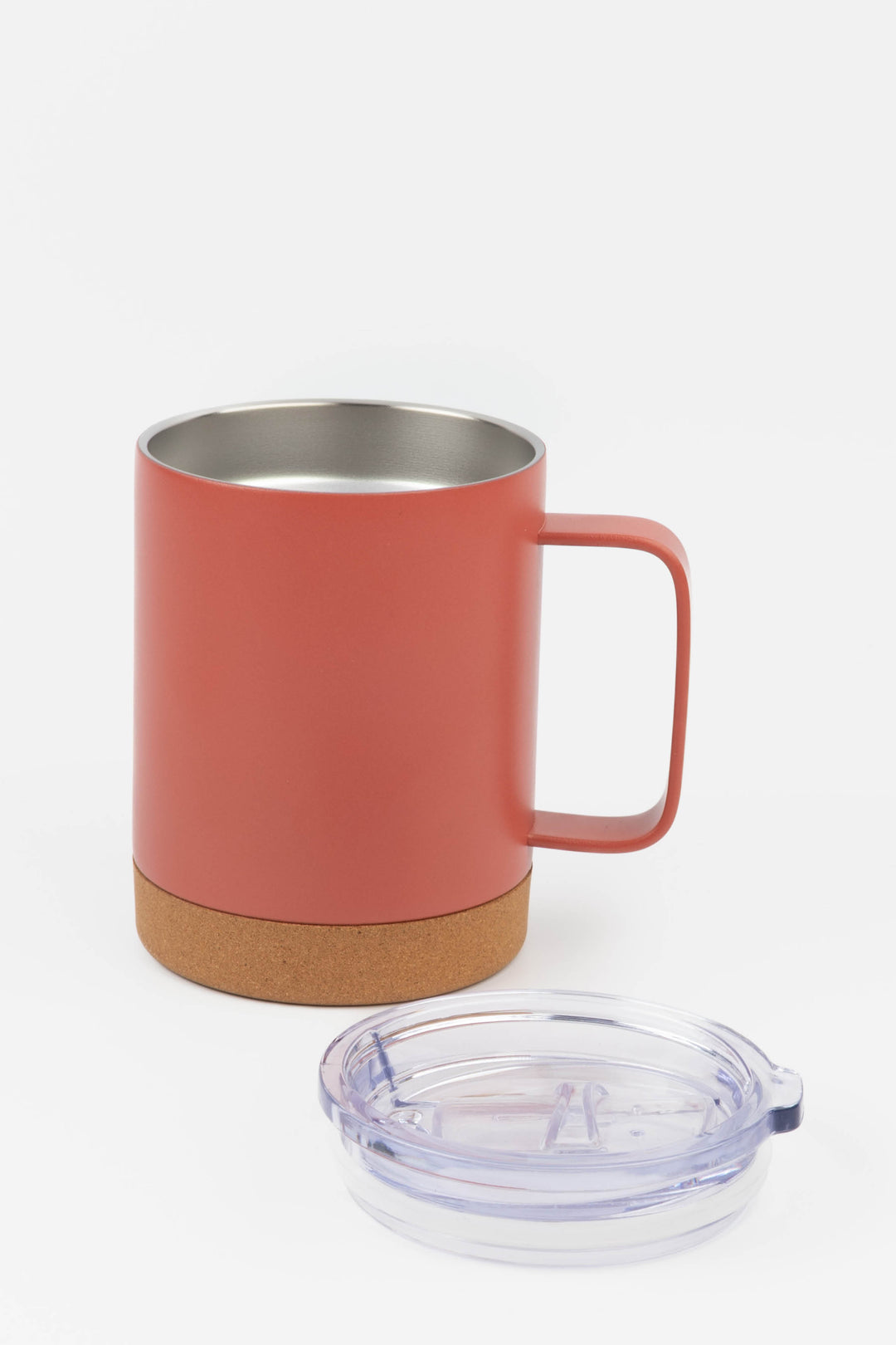 red insulated mug with cork base shown without lid and lid placed next to it
