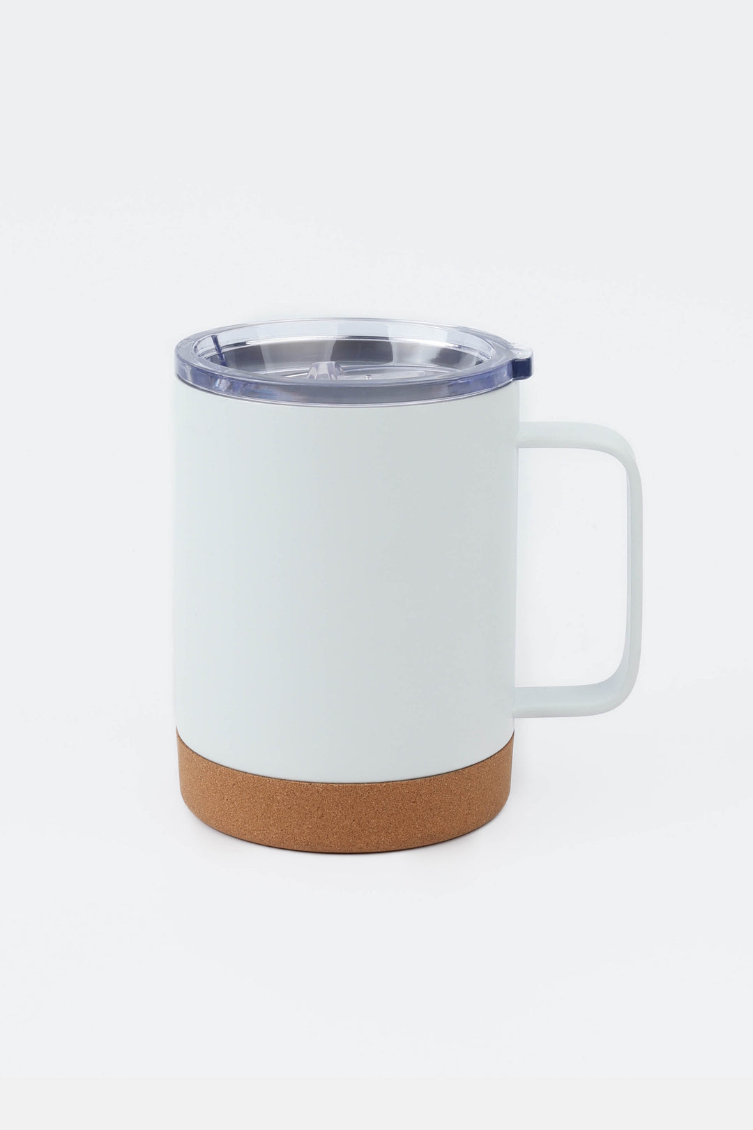 white insulated mug with handle and clear lid and cork base
