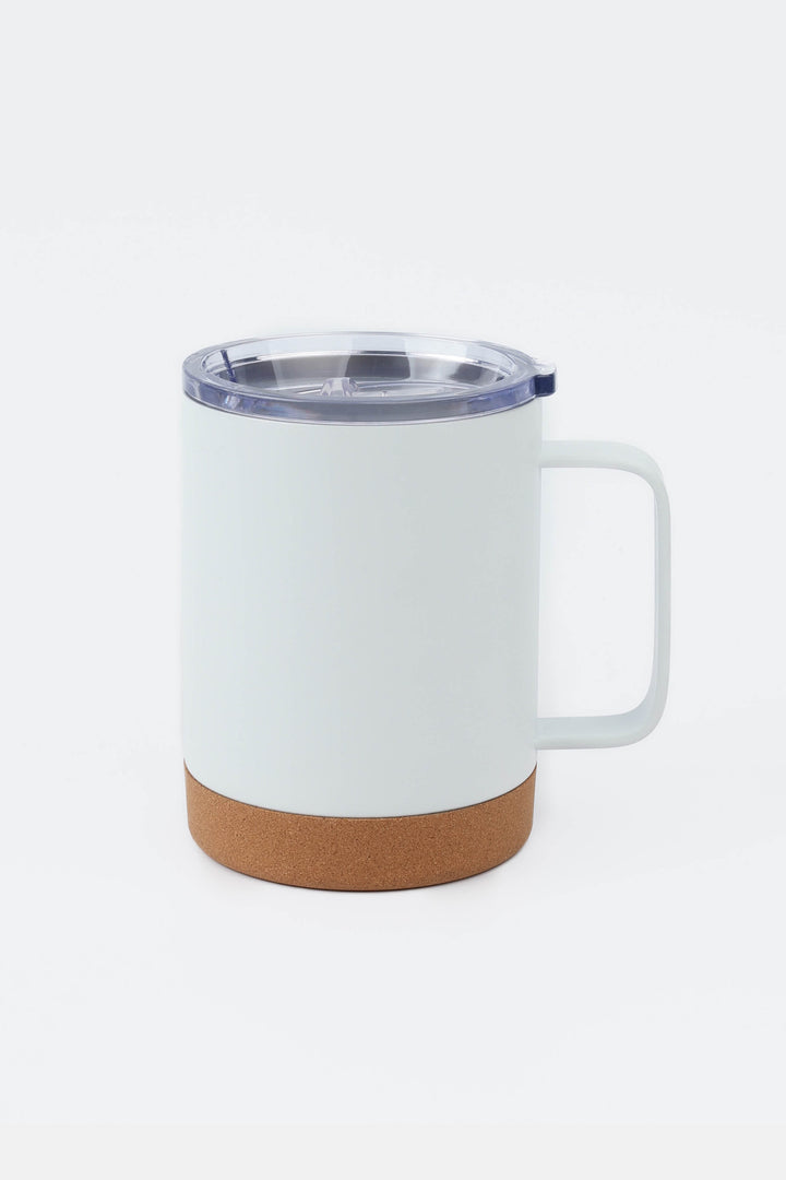 white insulated mug with handle and clear lid and cork base
