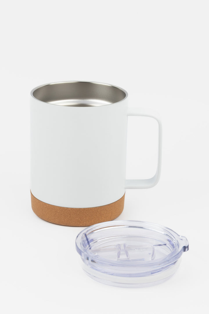 White mug with cork base and clear lid on a white background