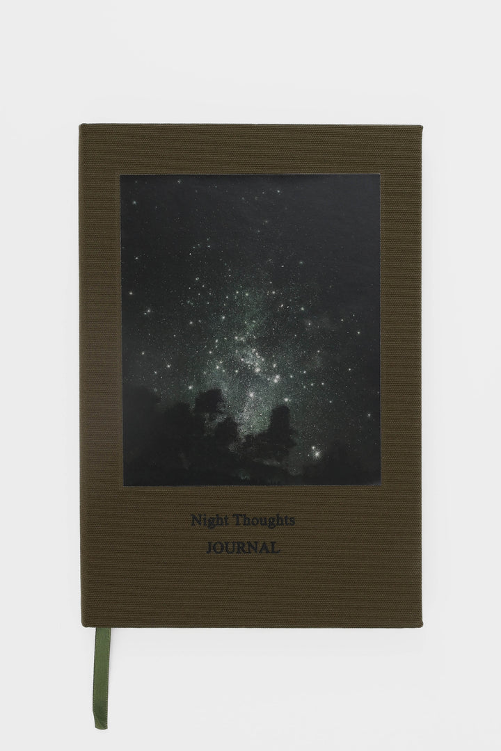 Journal with starry night design and 'Night Thoughts' text background