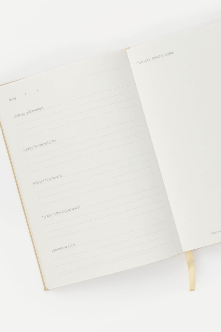 A5 RPET journal opened to structured prompts, with lined pages for daily reflection and a blank doodle page on the right.