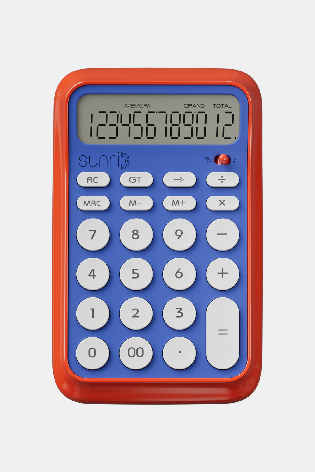 Calculator with blue display and red casing on a white background