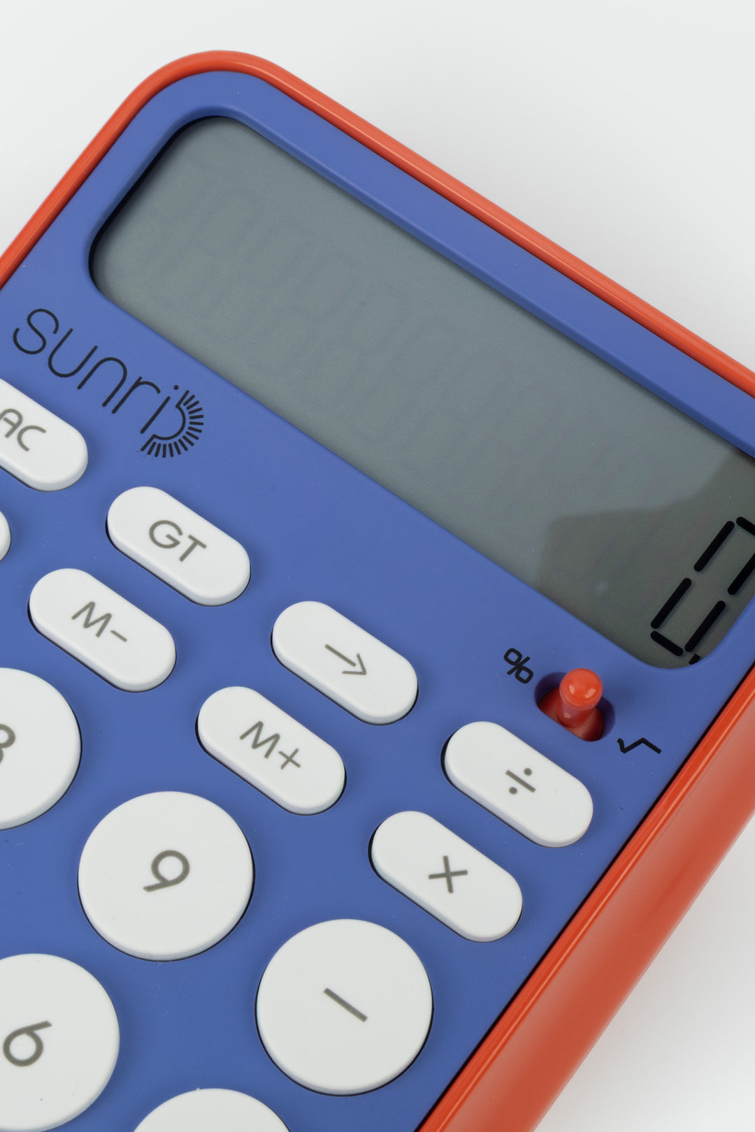 Blue and red calculator with 'sunri' brand on a white background