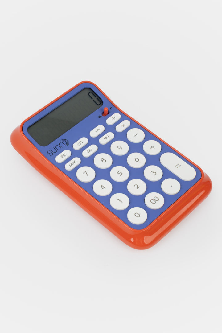 Calculator with blue face and red casing on a white background