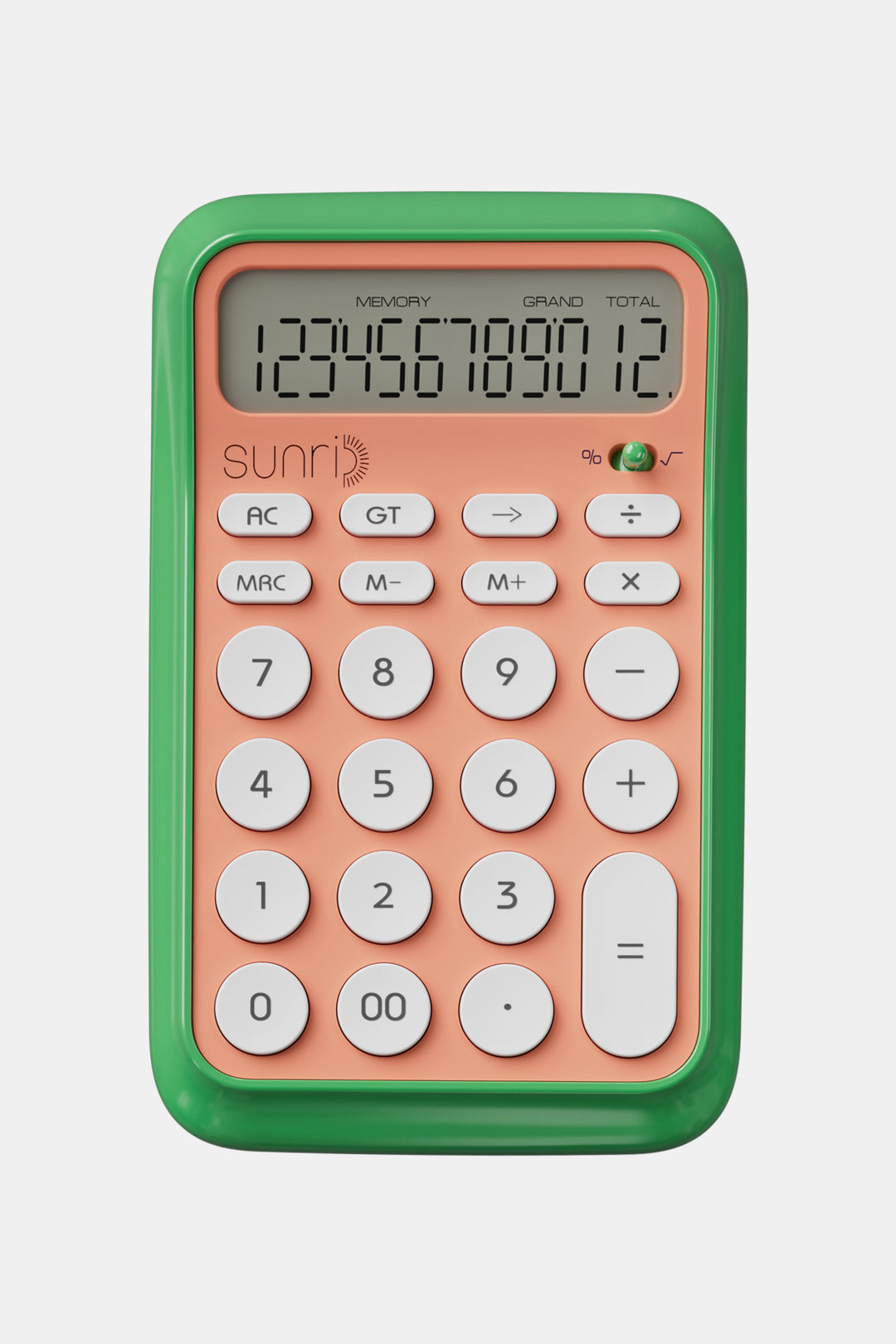 Calculator with a green frame and peach-colored body on a white background