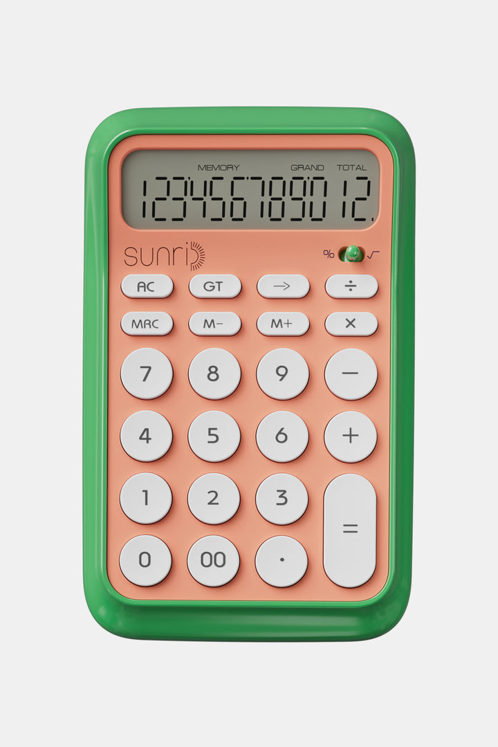 Calculator with a green frame and peach-colored body on a white background